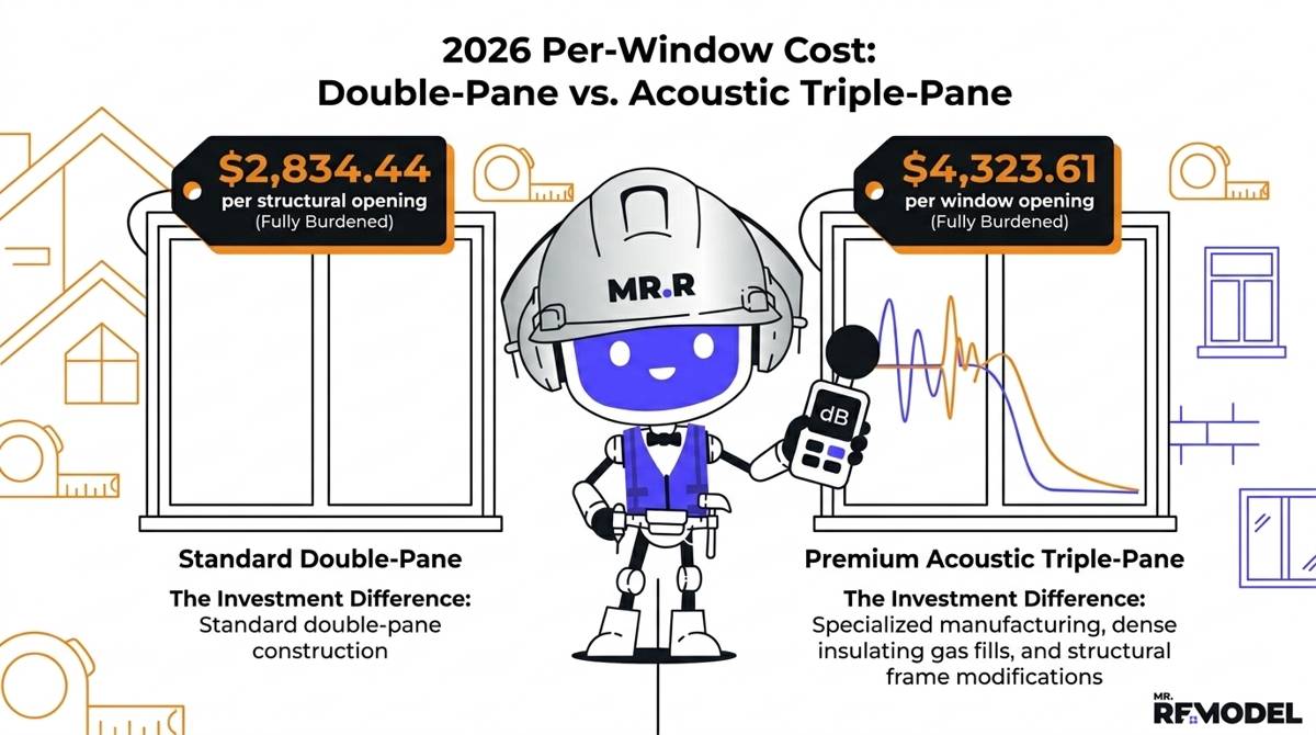 A 2026 window cost comparison infographic showing the per-unit price difference between standard double-pane ($2,834.44) and premium soundproofing triple-pane windows ($4,323.61).
